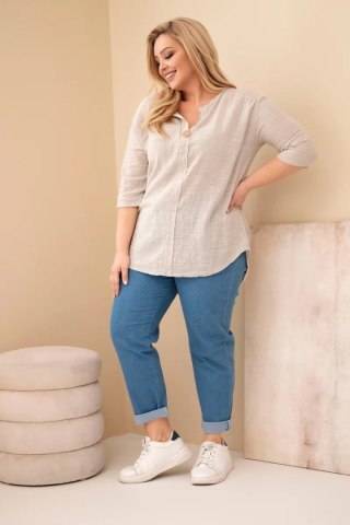 Bluzka damska bawełniana Plus Size z dekoltem na guziki beżowa