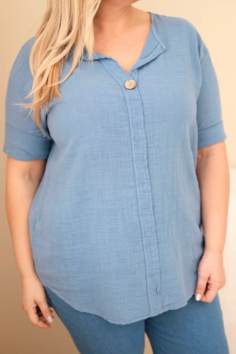 Bluzka damska bawełniana Plus Size z dekoltem na guziki jeansowa