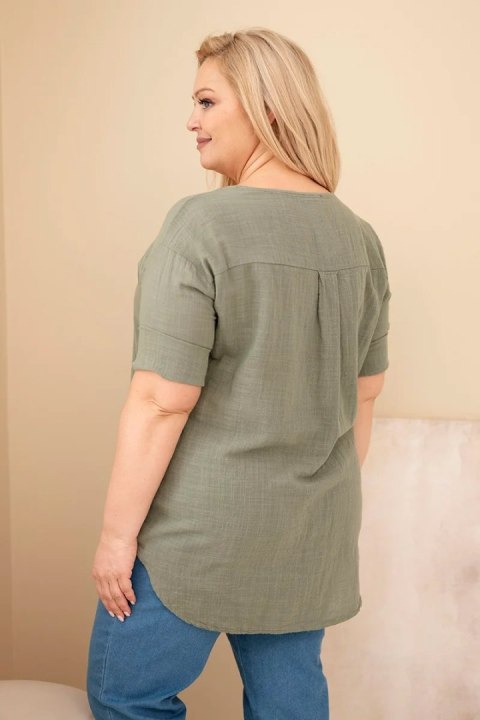 Bluzka damska bawełniana Plus Size z dekoltem na guziki khaki
