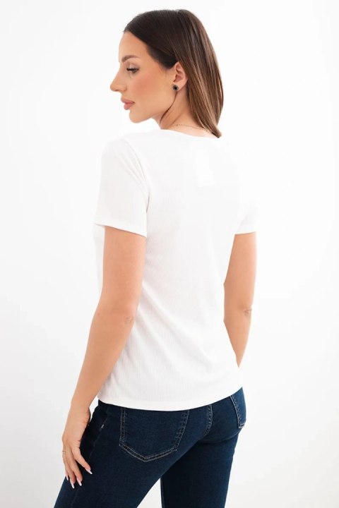 Bluzka damska wiskozowa prążkowana z ozdobnym wycięciem przy dekolcie biała