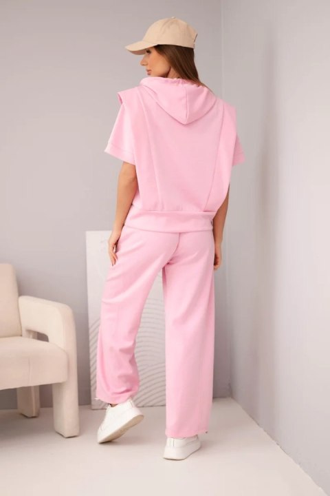 Komplet damski masełkowy bluza z kapturem i luźne spodnie z wiązaniem cukierkowy róż