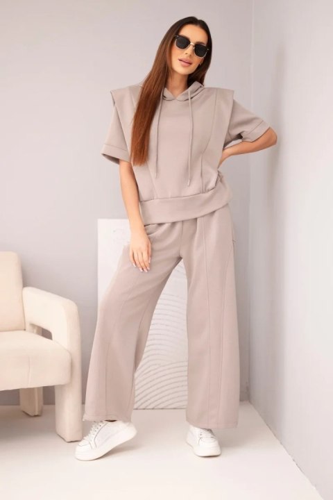 Komplet damski masełkowy bluza z kapturem i luźne spodnie z wiązaniem fango