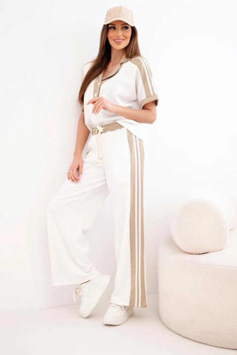 Camelowy komplet damski masełkowy – bluza polo i spodnie z szeroką nogawką