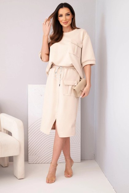 Komplet damski masełkowy z bluzką i spódnicą midi beżowy