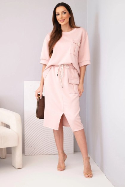 Komplet damski masełkowy z bluzką i spódnicą midi ciemny pudrowy róż