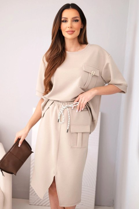 Komplet damski masełkowy fango – bluzka i spódnica midi