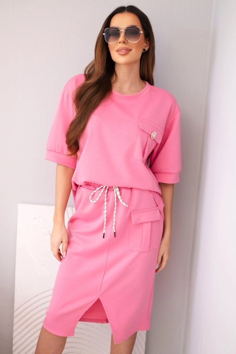 Różowy komplet damski masełko ze spódnicą midi