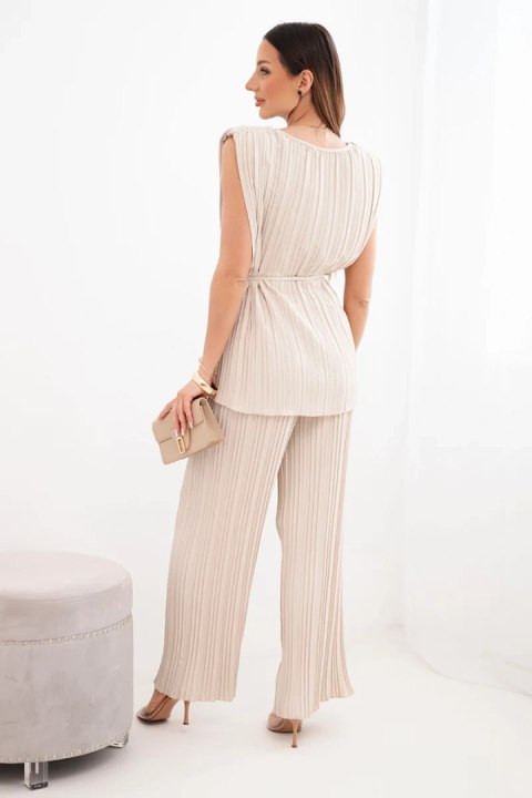 Komplet damski wiskozowy plisowany z wiązaną bluzką i szerokimi spodniami beżowy