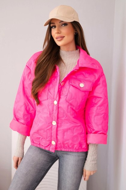 Kurtka damska wiosenna pikowana z kwiatowym wzorem różowy neon