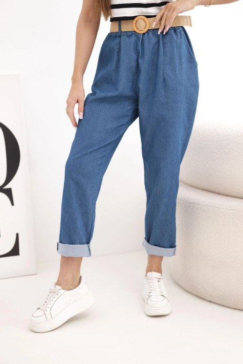 Spodnie damskie z podwijaną nogawką i paskiem ciemno jeansowe