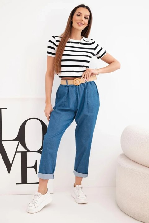 Spodnie damskie z podwijaną nogawką i paskiem ciemno jeansowe