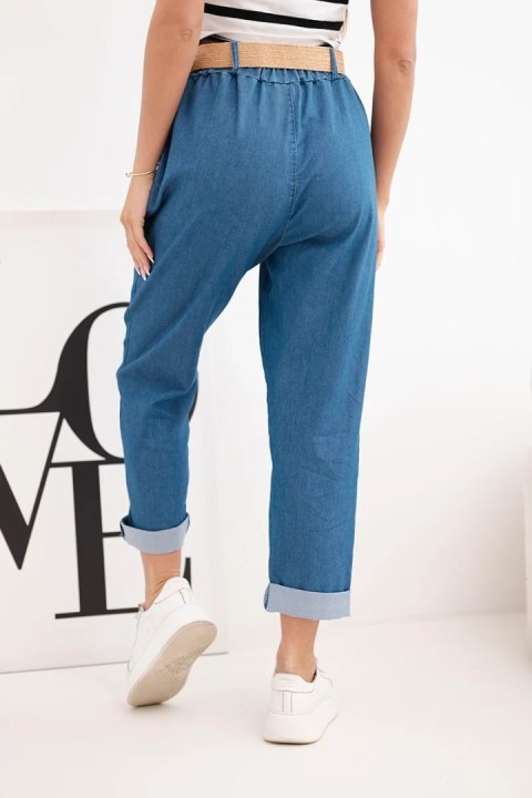 Spodnie damskie z podwijaną nogawką i paskiem ciemno jeansowe