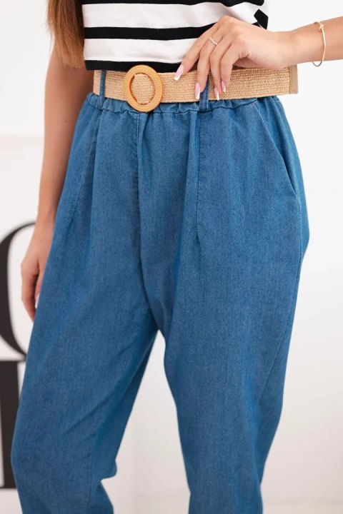 Spodnie damskie z podwijaną nogawką i paskiem ciemno jeansowe