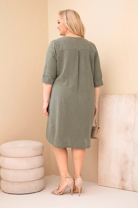 Sukienka damska bawełniana Plus Size z wiązaniem przy dekolcie khaki
