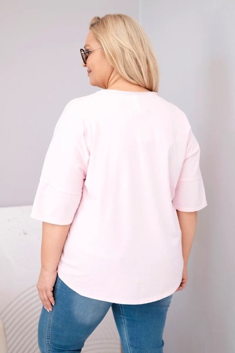 Bluzka damska bawełniana oversize Plus Size z dekoltem V cukierkowy róż