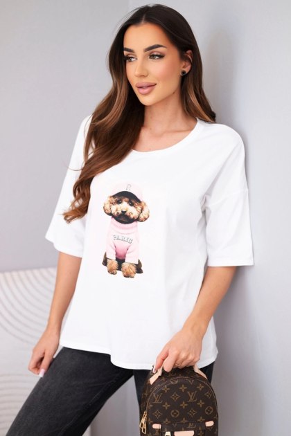 Bluzka damska bawełniana oversize z krótkim rękawem i nadrukiem biała