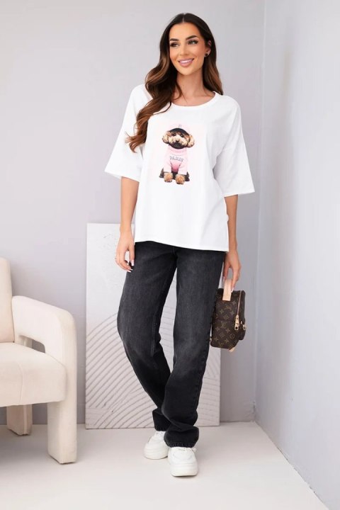 Bluzka damska bawełniana oversize z krótkim rękawem i nadrukiem biała