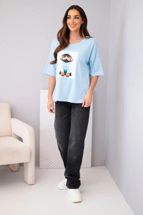 Bluzka damska bawełniana oversize z krótkim rękawem i nadrukiem niebieska