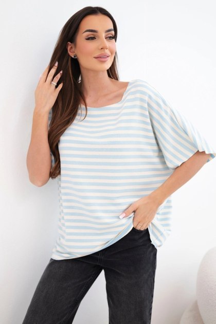 Bluzka damska bawełniana w paski z krótkim rękawem niebieska