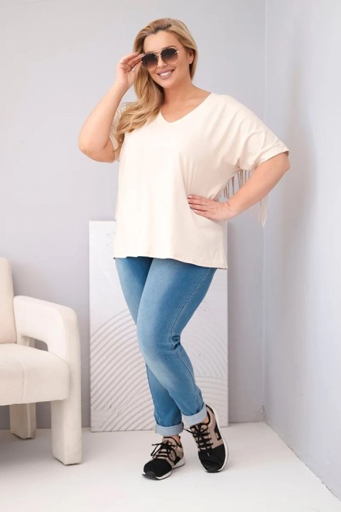 Bluzka damska bawełniana Plus Size z dekoltem V i frędzlami na plecach beżowa