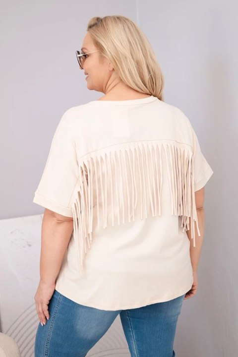 Bluzka damska bawełniana Plus Size z dekoltem V i frędzlami na plecach beżowa