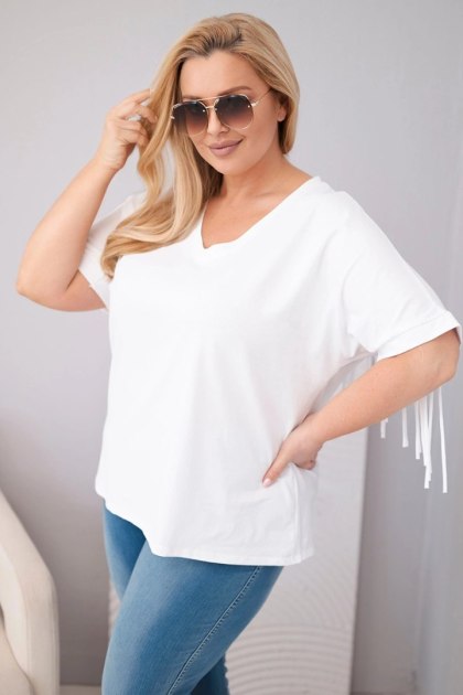 Bluzka damska bawełniana Plus Size z dekoltem V i frędzlami na plecach biała
