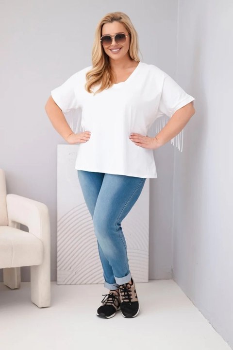 Bluzka damska bawełniana Plus Size z dekoltem V i frędzlami na plecach biała