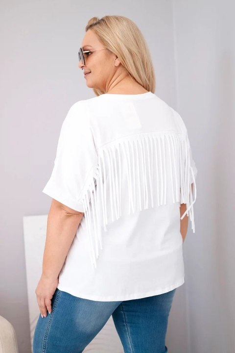 Bluzka damska bawełniana Plus Size z dekoltem V i frędzlami na plecach biała