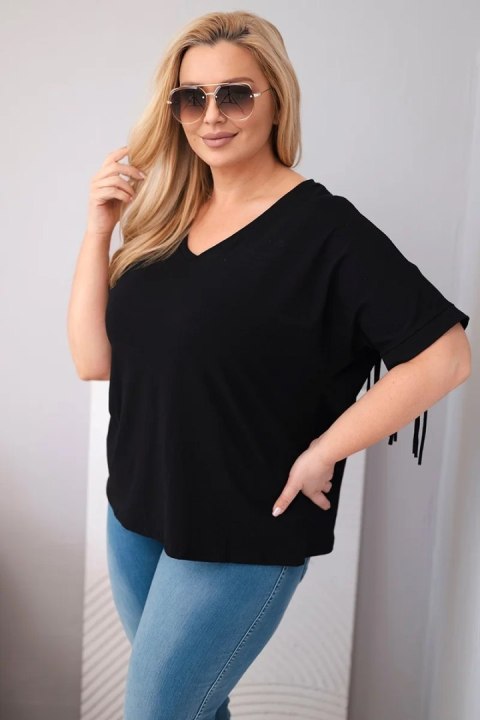 Bluzka damska bawełniana Plus Size z dekoltem V i frędzlami na plecach czarna