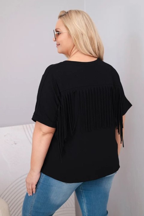 Bluzka damska bawełniana Plus Size z dekoltem V i frędzlami na plecach czarna