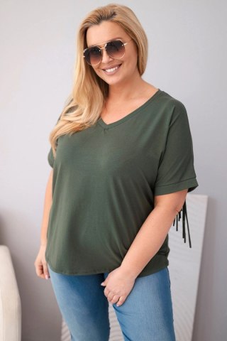 Bluzka damska bawełniana Plus Size z dekoltem V i frędzlami na plecach khaki