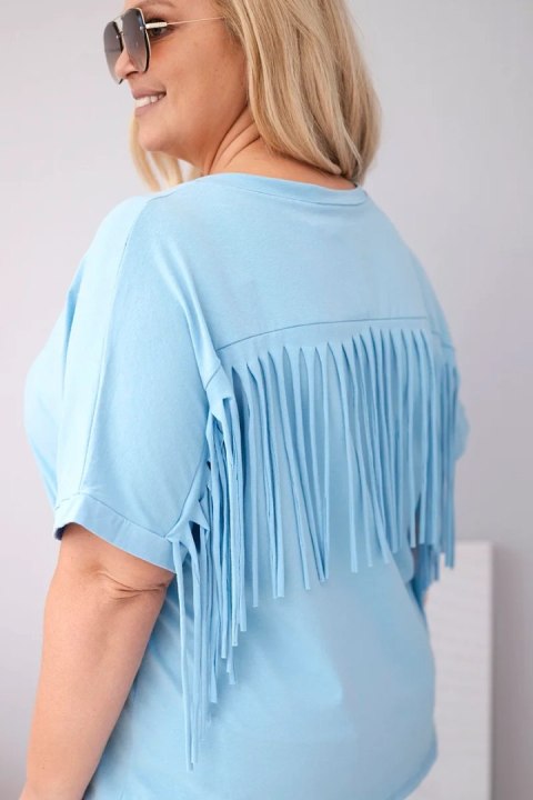 Bluzka damska bawełniana Plus Size z dekoltem V i frędzlami na plecach niebieska