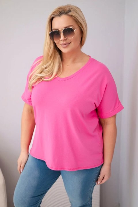 Bluzka damska bawełniana Plus Size z dekoltem V i frędzlami na plecach różowa