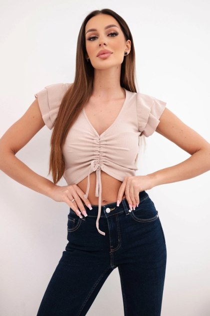 Bluzka damska prążkowana w paski na ramiączkach z falbanką beżowa