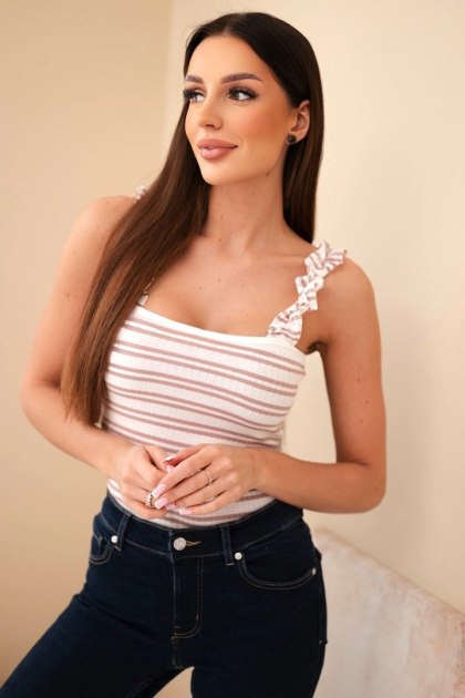 Bluzka damska prążkowana w paski na ramiączkach z falbanką ciemno różowa