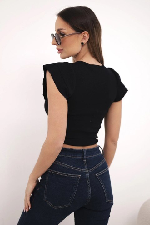 Bluzka damska prążkowana w paski na ramiączkach z falbanką czarna