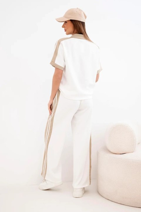 Komplet damski masełkowy z bluzą polo i szerokimi spodniami camelowy