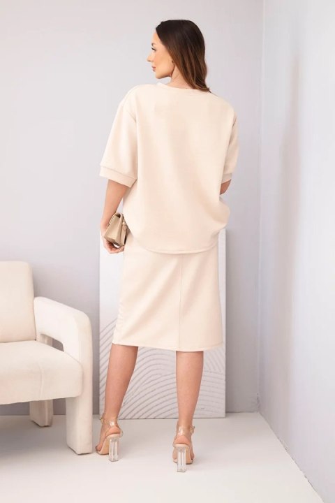 Komplet damski masełkowy z bluzką i spódnicą midi beżowy