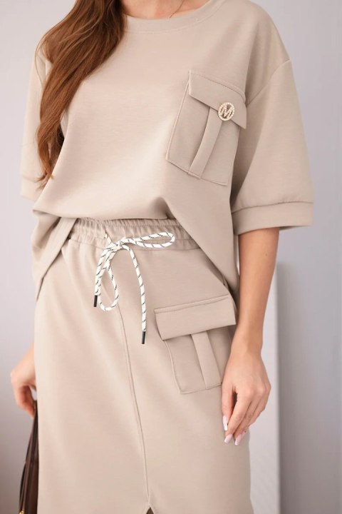 Komplet damski masełkowy z bluzką i spódnicą midi fango