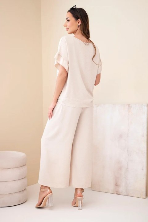 Komplet damski wiskozowy z bluzką z nadrukiem i spodniami beżowy