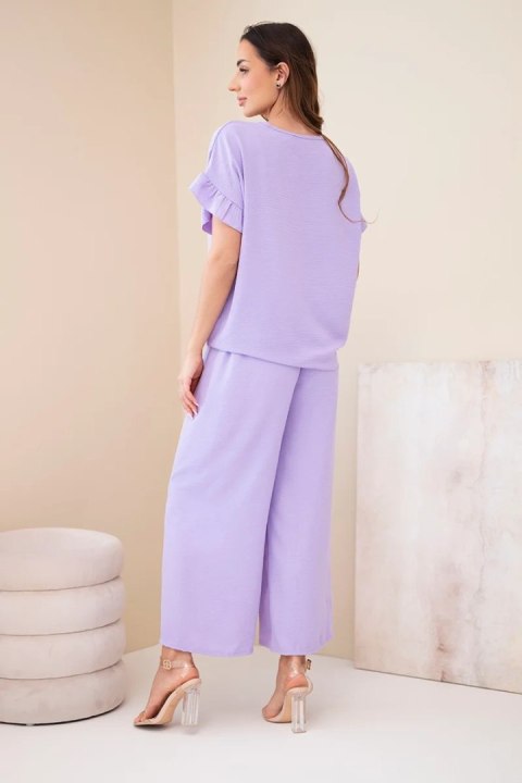 Komplet damski wiskozowy z bluzką z nadrukiem i spodniami jasny fioletowy