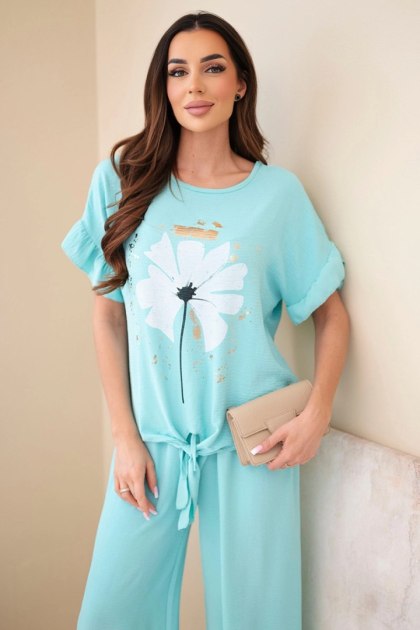 Komplet damski wiskozowy z bluzką z nadrukiem i spodniami miętowy