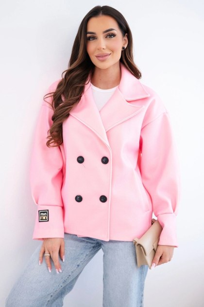 Kurtka damska krótka dwurzędowa z kołnierzem cukierkowy róż