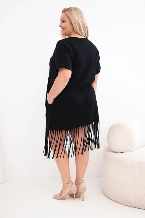 Sukienka damska bawełniana z dekoltem V i frędzlami Plus Size czarna
