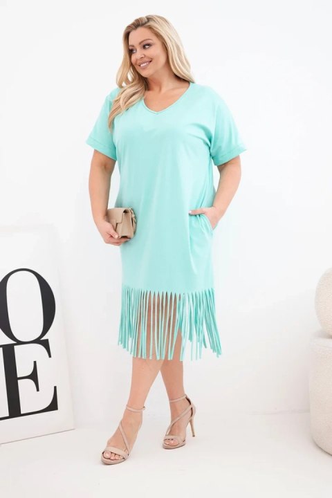Sukienka damska bawełniana z dekoltem V i frędzlami Plus Size miętowa