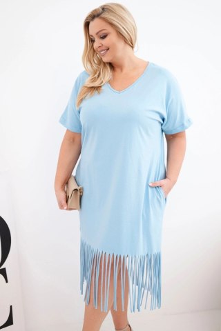 Sukienka damska bawełniana z dekoltem V i frędzlami Plus Size niebieska