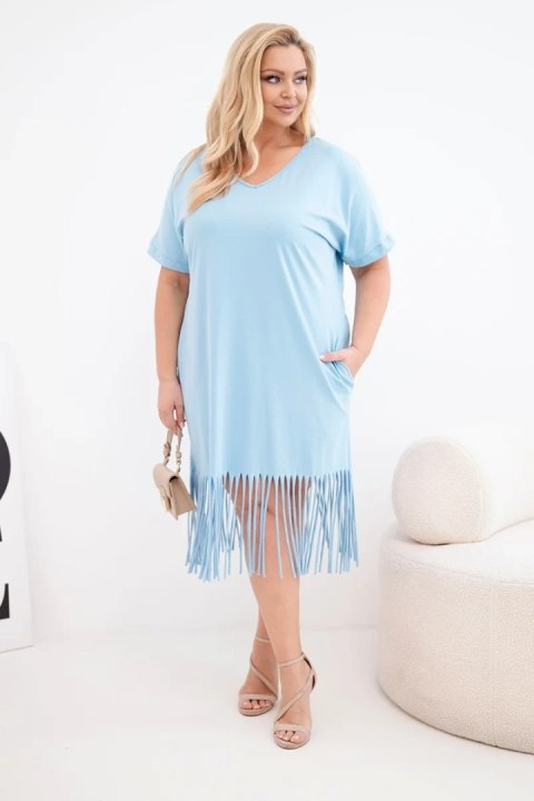 Sukienka damska bawełniana z dekoltem V i frędzlami Plus Size niebieska