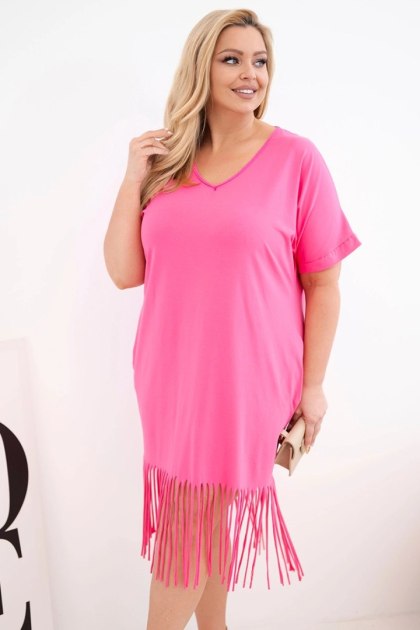 Sukienka damska bawełniana z dekoltem V i frędzlami Plus Size różowa