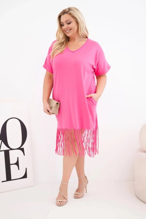 Sukienka damska bawełniana z dekoltem V i frędzlami Plus Size różowa