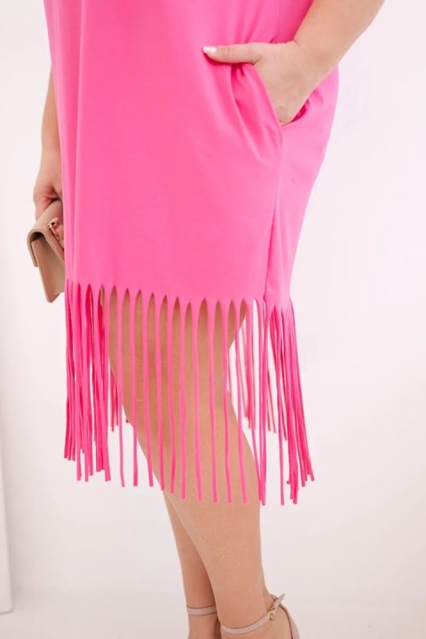 Sukienka damska bawełniana z dekoltem V i frędzlami Plus Size różowa